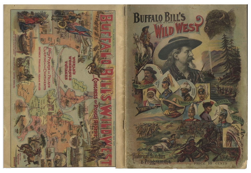 1895 Program for ''Buffalo Bill's Wild West'' Show -- Featuring Buffalo Bill Cody ''sharpshooting at full speed'', Annie Oakley & Cody Rescuing Settlers From Attack